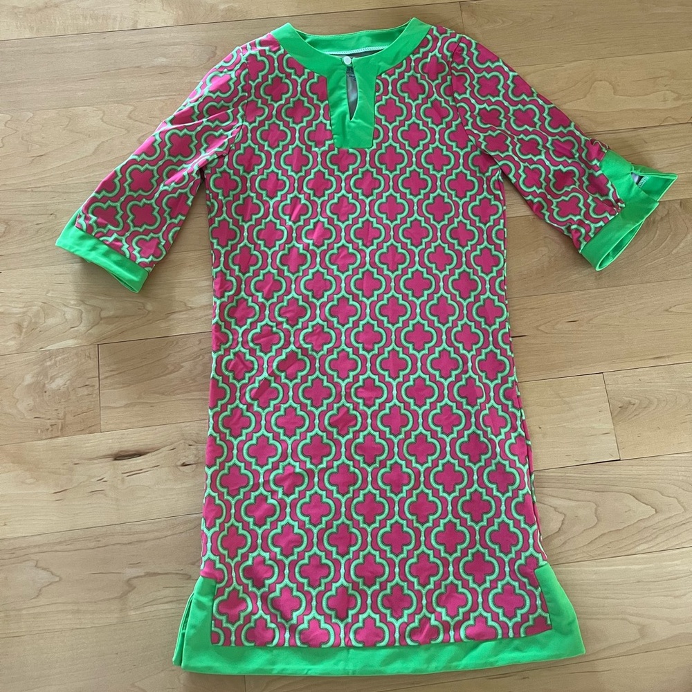 CABANA LIFE GIRLS 14 PINK AND GREEN SWIM COVER UP COVERUP DRESS PRINT GEOMETRIC